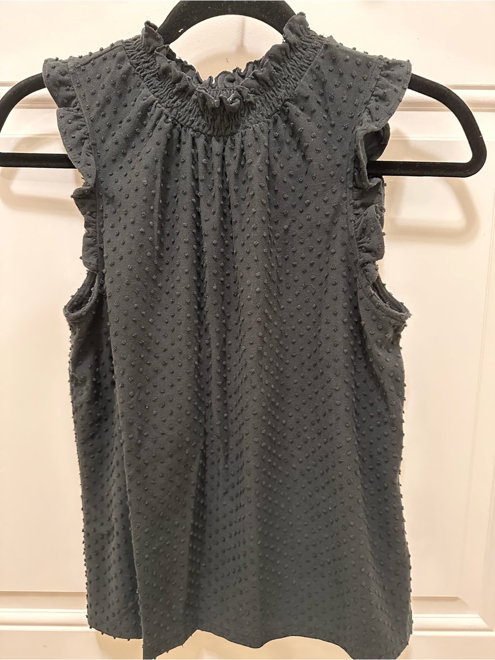 Sleeveless Smocked Ruffle Neck Textured Tank Top - black